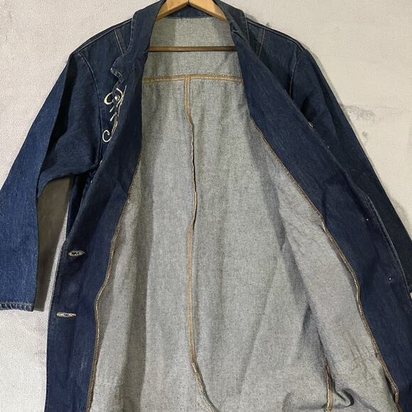 Vtg Embellished Denim Long Duster Jacket Gaudy Bejeweled Coat Women M* Heavy - Picture 11 of 12